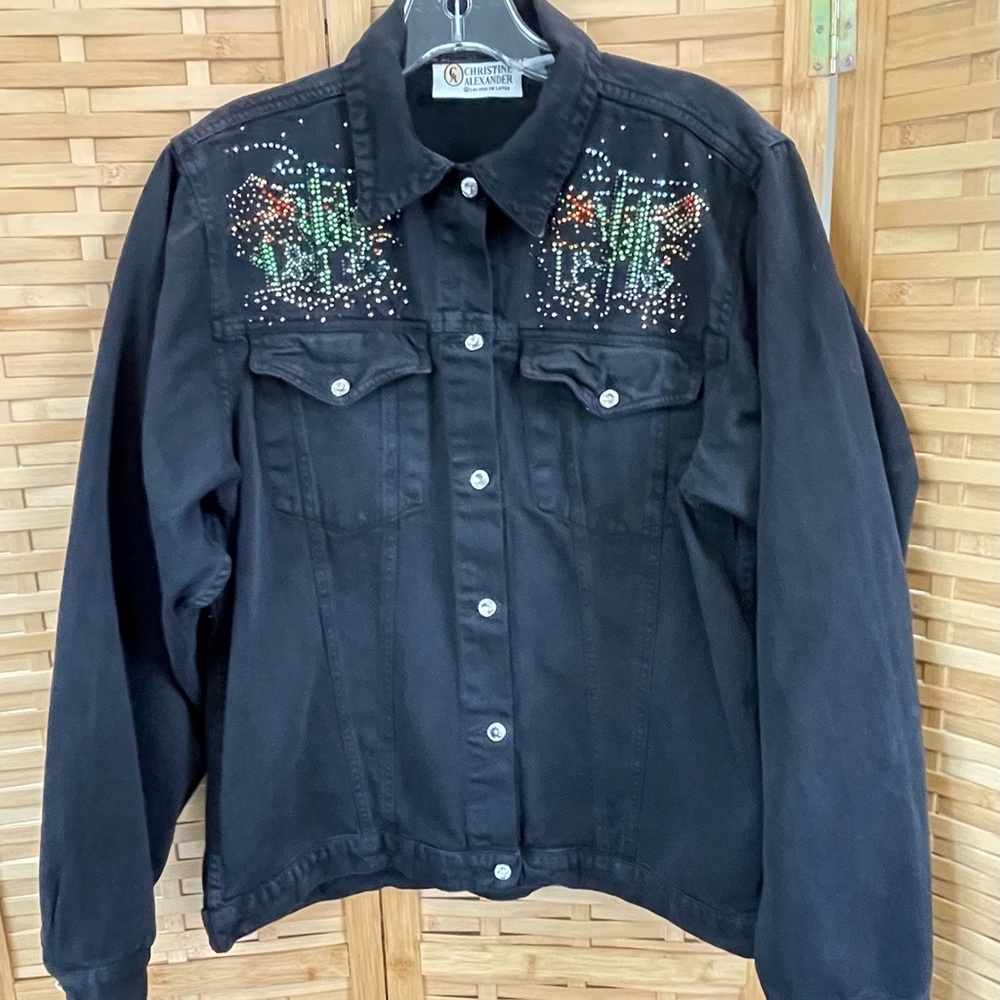 Christine Alexander Denim Jacket Black Rhinestones Swarovski Crystals Vintage